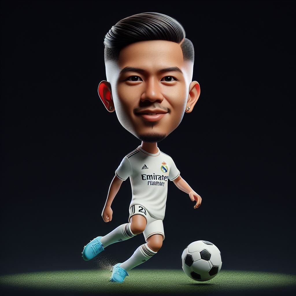 1. PROMPT:
 3D caricature photo, Indonesian man, wearing a Real Madrid jersey, u…
