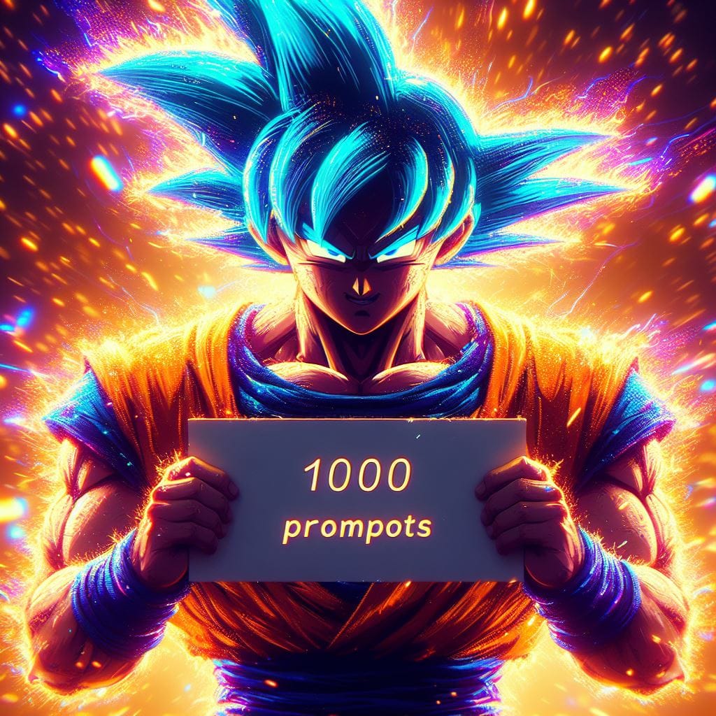 1000. PROMPT:

close-up of Goku holding a sign saying "1000 prompts",cool anime ...