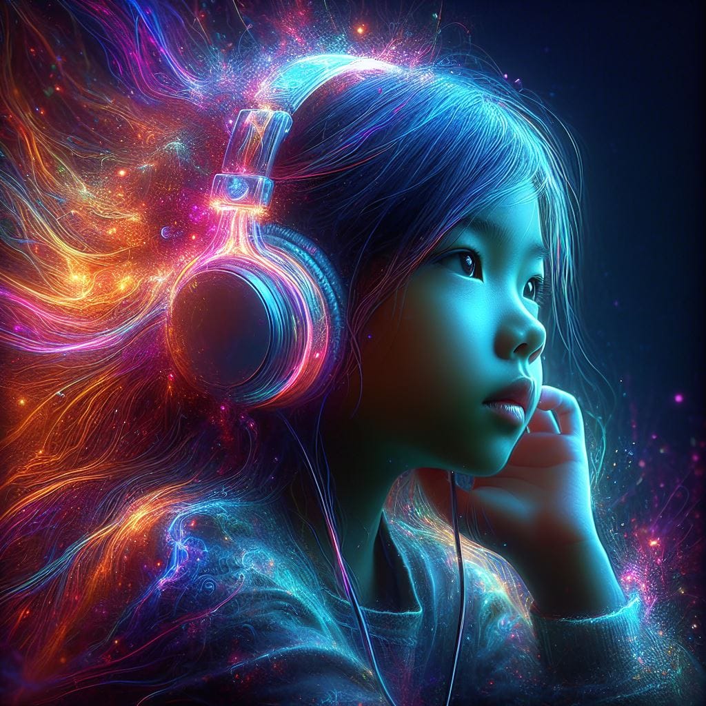 1002. PROMPT:

an indonesian girl aged 10yo, with headphones on listening to mus...