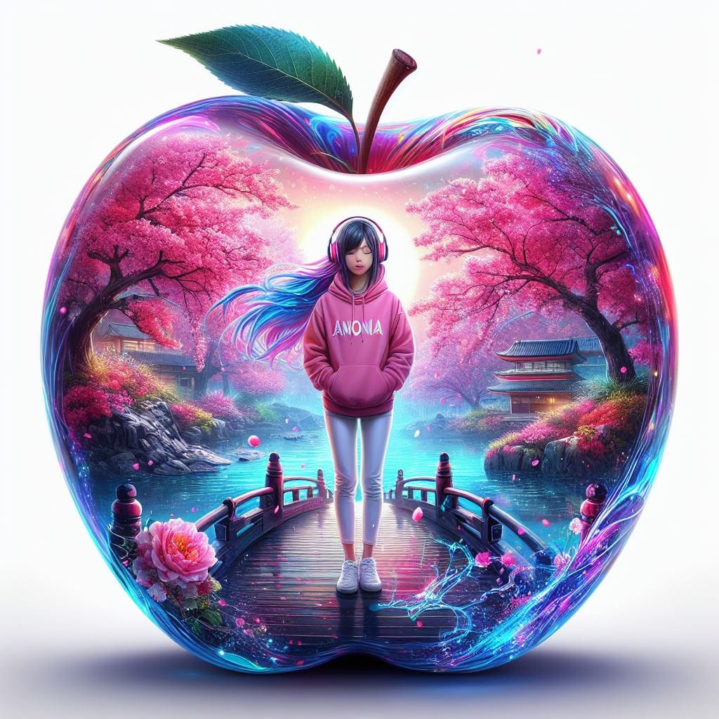 1005. PROMPT:

An transparent apple that contains a Japanese landscape with cher...