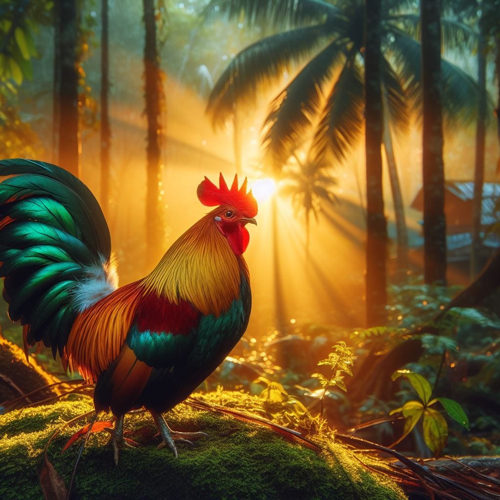 1048. PROMPT:
 ayam jantan berekor hijau merah kuning di hutan rimba latar belak...