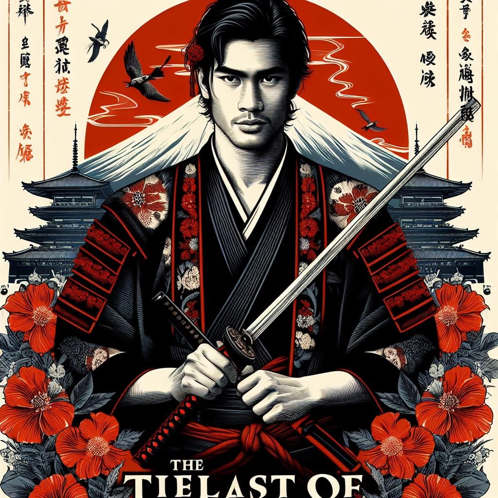 1066. PROMPT:
 poster, The Last of samurai, A handsome Indonesian man is seen fr...