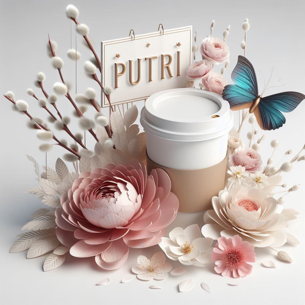 1080. PROMPT:
 a 3D paper coffee cup, a sign with the name "PUTRI" in the backgr...