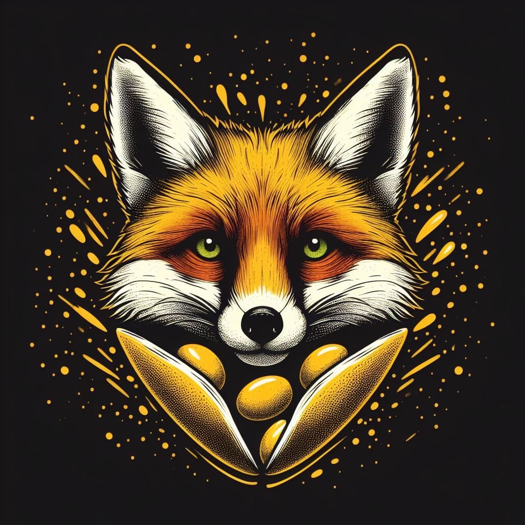 1125. PROMPT:
 Black background, a caricature of a fox, T-shirt design, Line Art...
