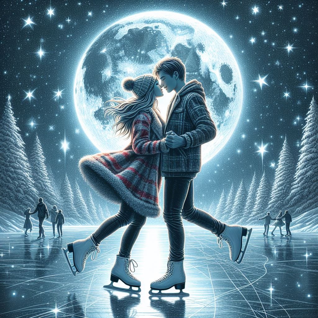 1129. PROMPT:
 a young couple in love, ice skating holding hands under the stars...