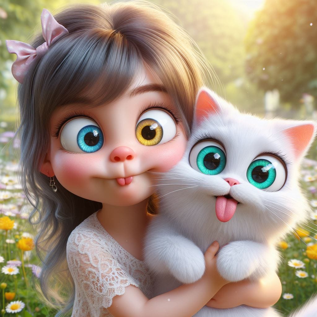 1164. Prompt:
 a little cute girl and her White Fluffy cute cat with Eheterochro...