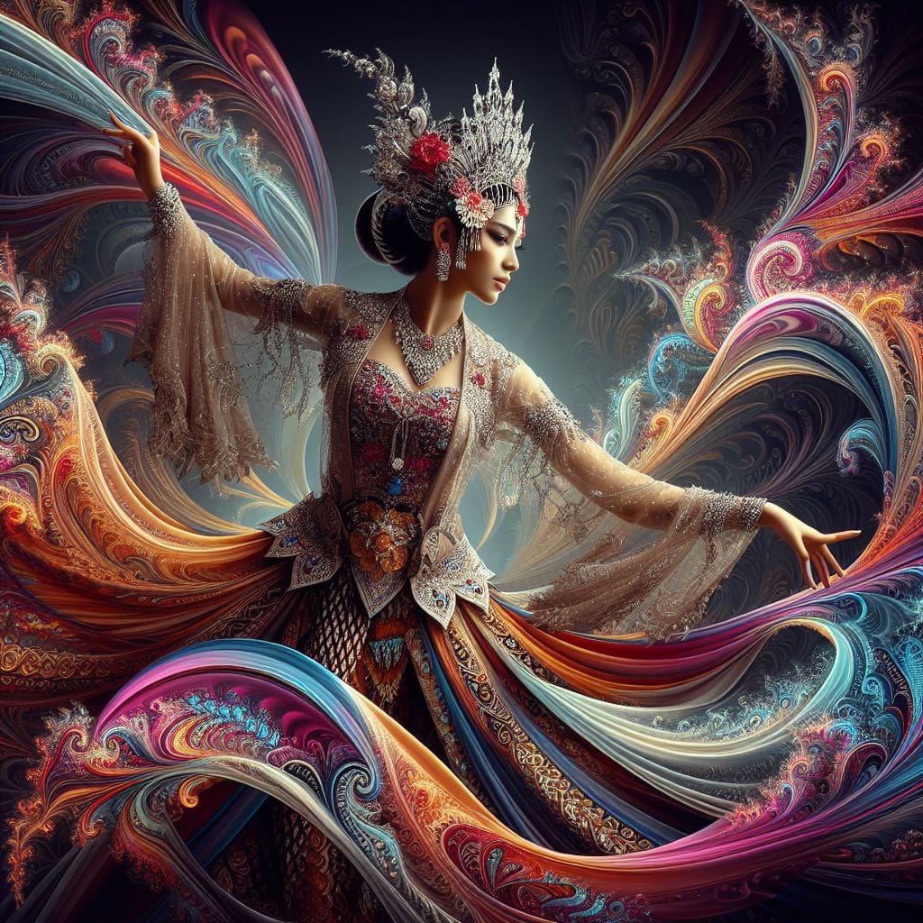 1166. Prompt:

fractal design, beautiful Indonesian woman wearing gambyong dance...