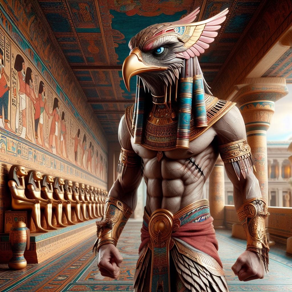 1168. PROMPT:
 Egypt god Horus, human hybrid with the head of a falcon, walking …
