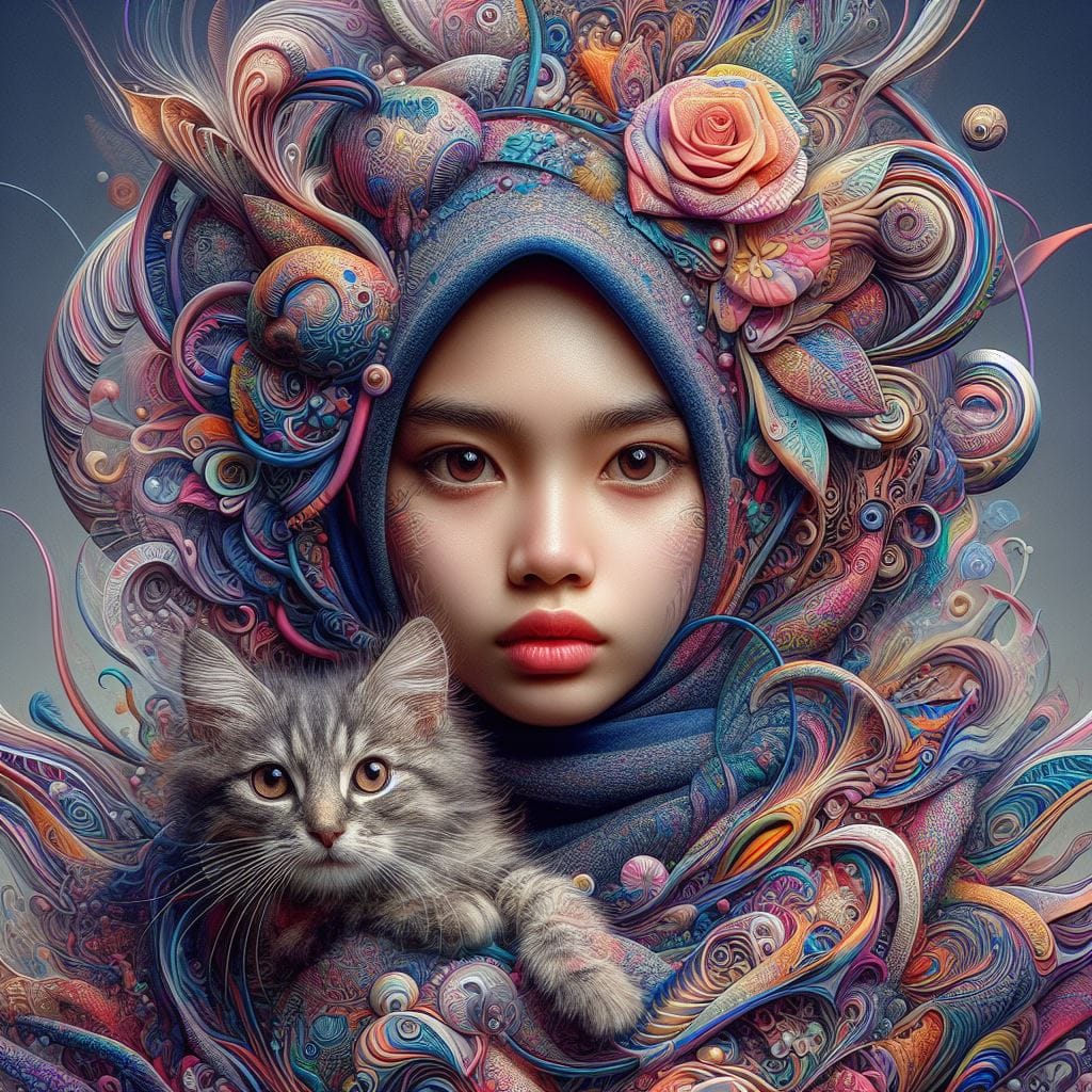 1169. PROMPT:

creates a indonesian girl 15 yo, wearing hijab and little cat, wi…