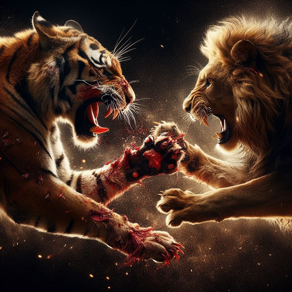 1170. PROMPT:
 realistic detail photography of tiger and lion fighting each othe…