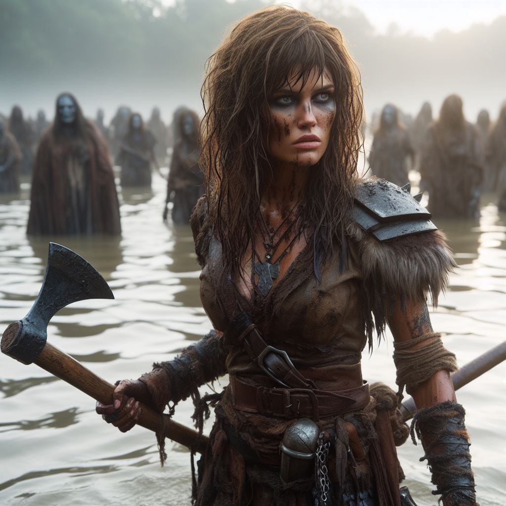 1177. PROMPT:
 cinematic, a woman in barbarian clothing, shaggy hair, muddy body...