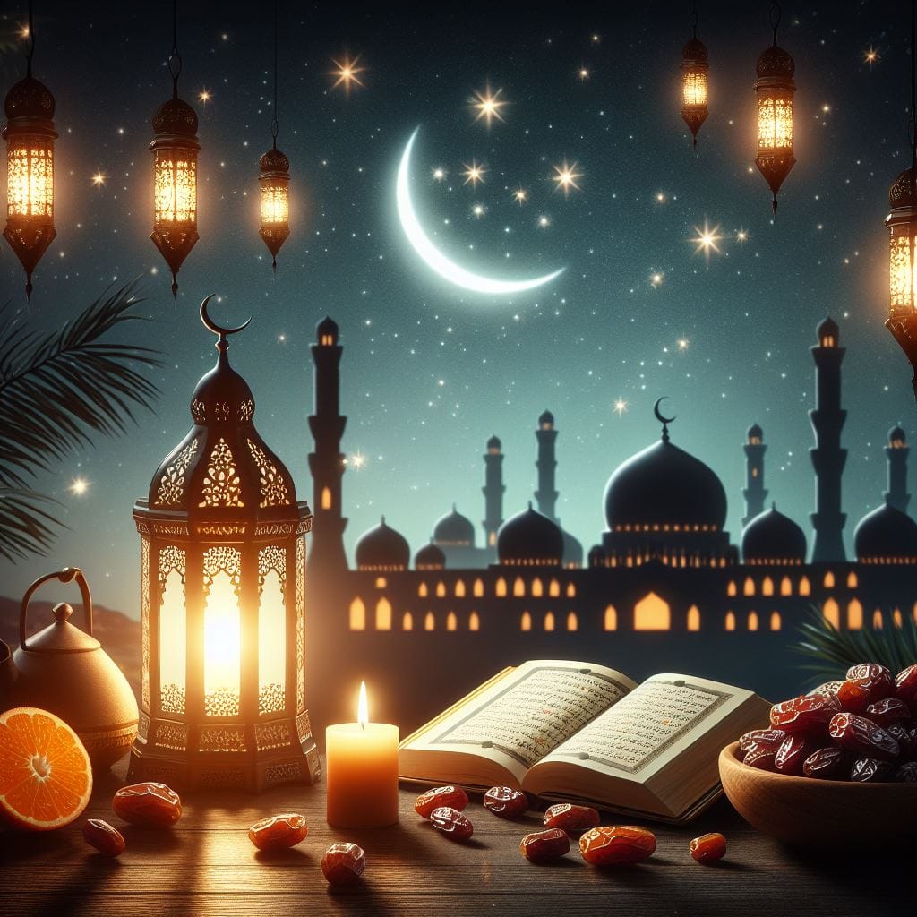 1185. PROMPT:
 Background of marhaban ya Ramadhan, evening with lantern, silhoue...