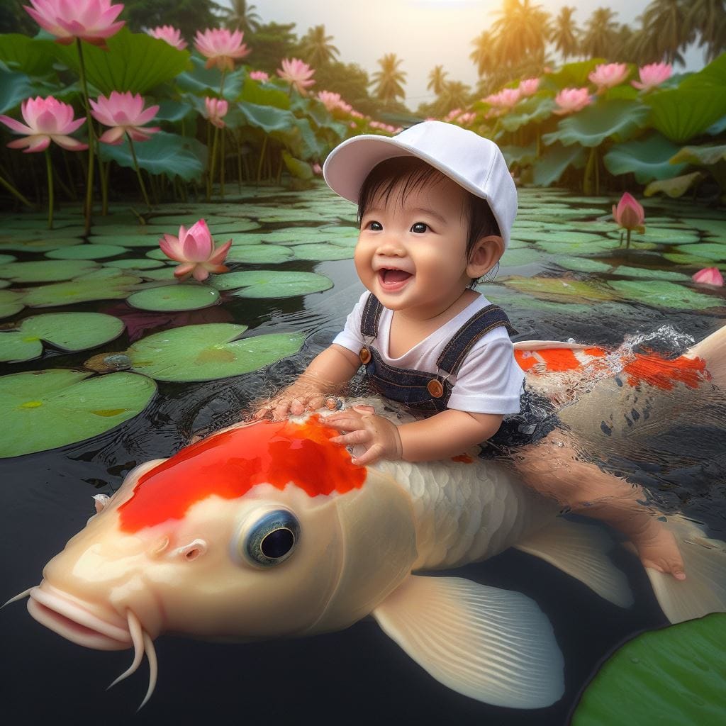 1215. PROMPT:
 seorang anak bayi perempuan Indonesia menaiki seekor ikan koi dit...