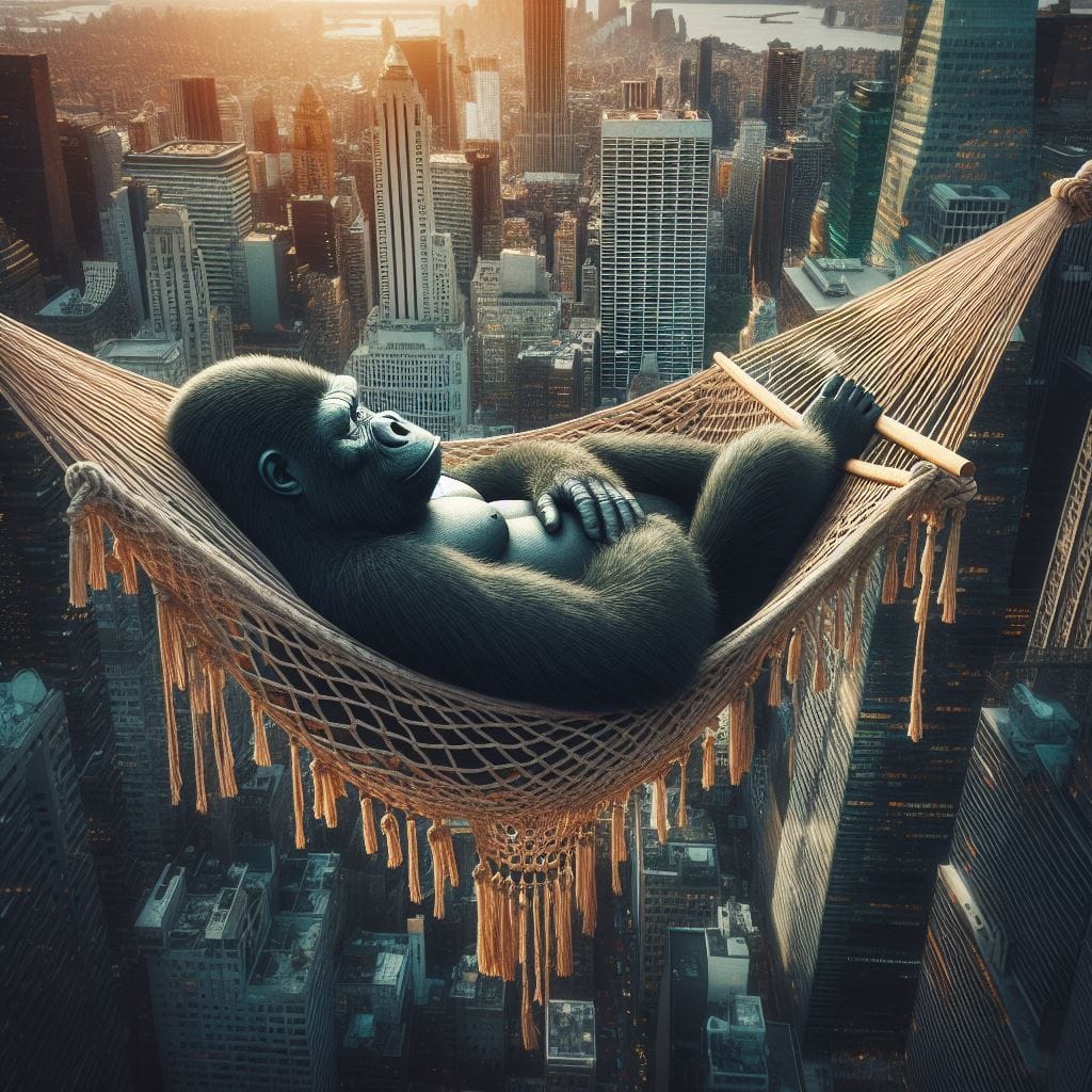 1226. PROMPT:

Imagine a surreal image portraying King Kong peacefully napping i...