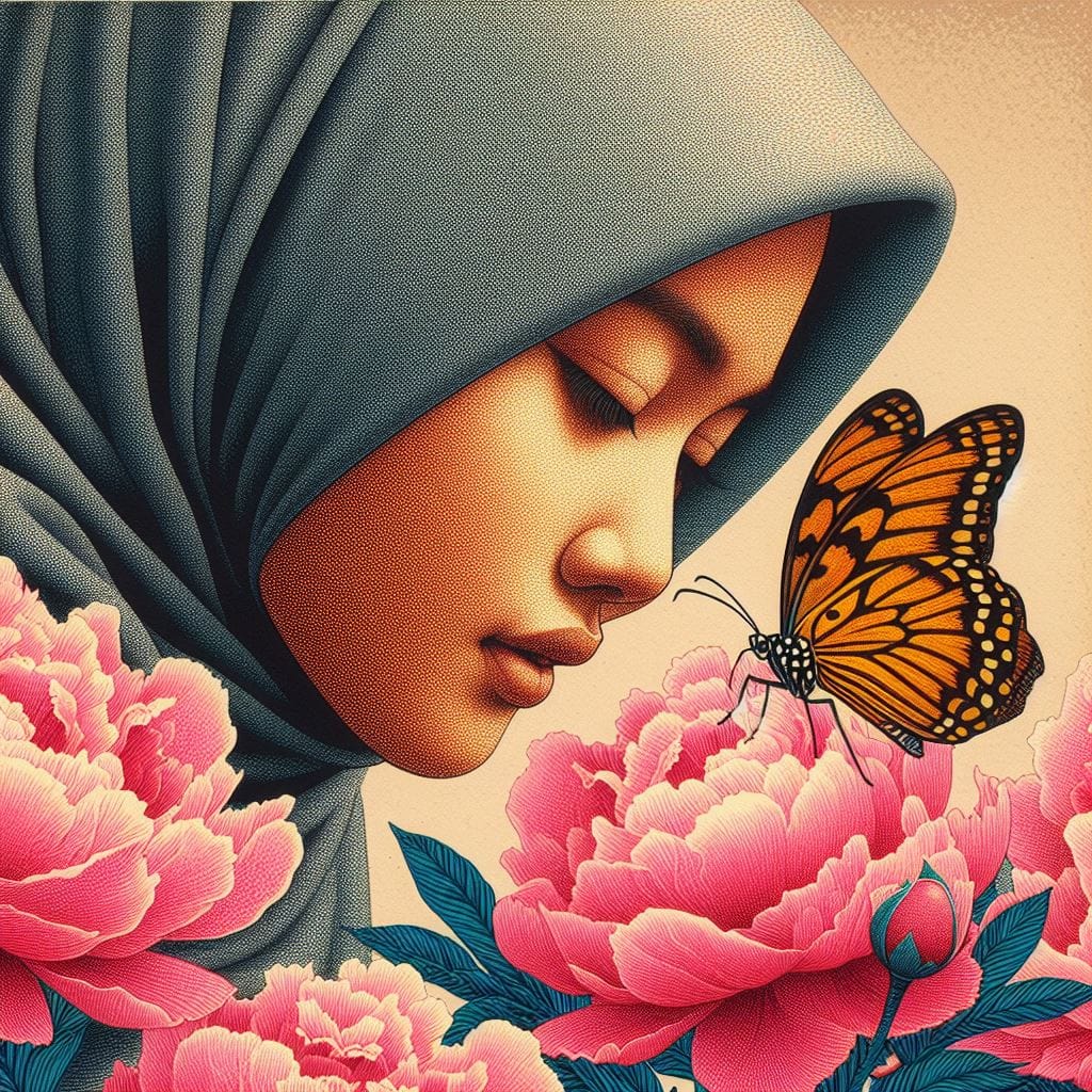 1232. PROMPT:
 extreme closeup of indonesian hijab girl and butterfly perched on...