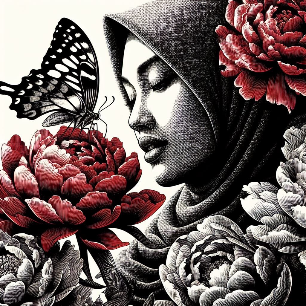 1233. PROMPT:
 extreme closeup of indonesian hijab girl and butterfly perched on...