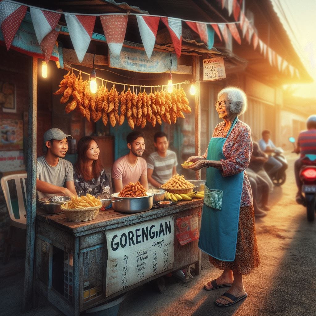 1235. PROMPT:

An old indonesian aunt wearing an apron, selling fried bananas in...