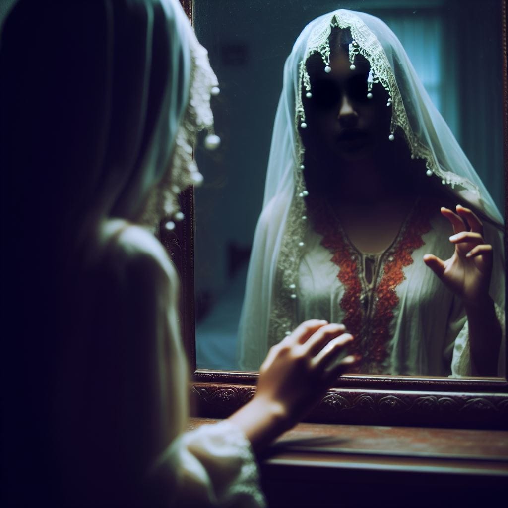 1244. PROMPT:
 Saat gadis itu menatap ke cermin, pantulannya sendiri menatapnya …