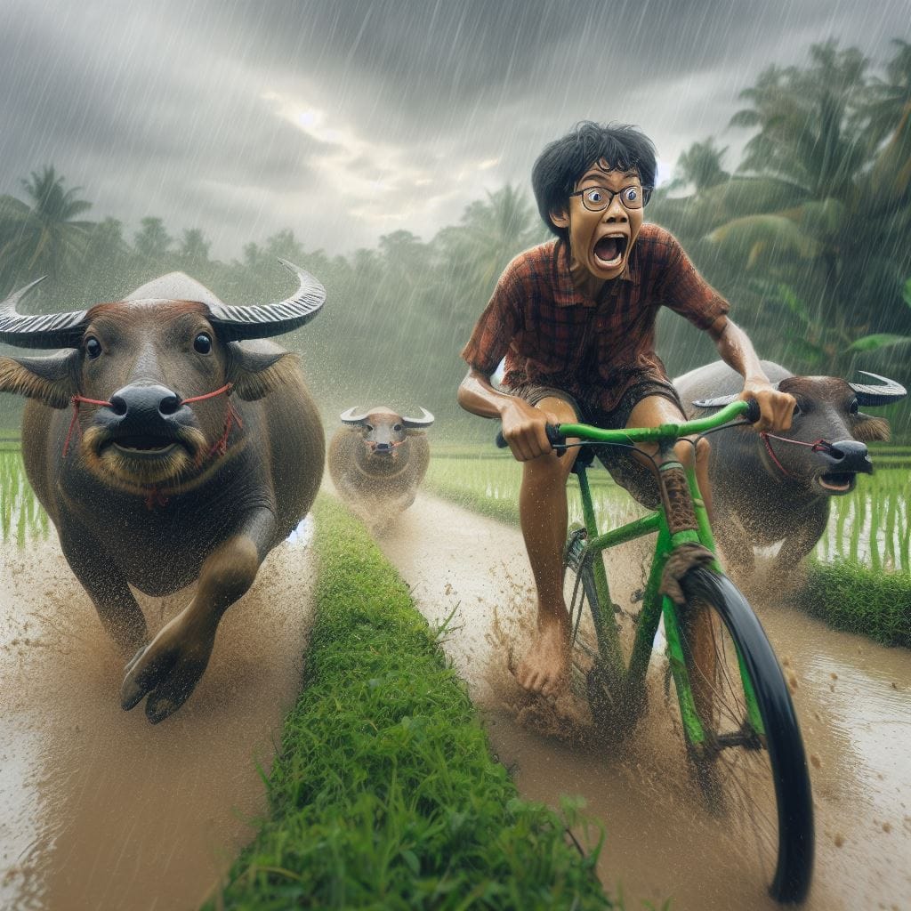 1266. PROMPT:
 seorang anak remaja indonesia sedang balapan naik sepeda di sawah...