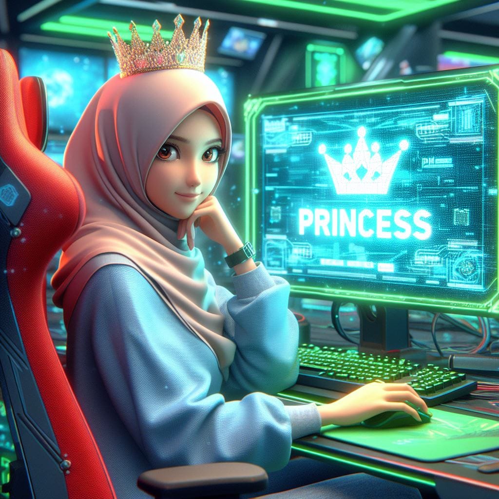 128. PROMPT:
 Indonesian young lady wear hijab, sitting on the red green gaming ...