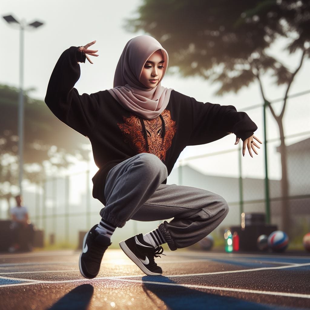 1280. PROMPT:
 a young Indonesian woman, wearing a hijab, wearing hip hop style ...