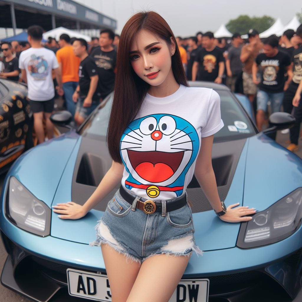 129. PROMPT:

a beautiful woman aged (20s), wearing a doraemon shirt, standing n...
