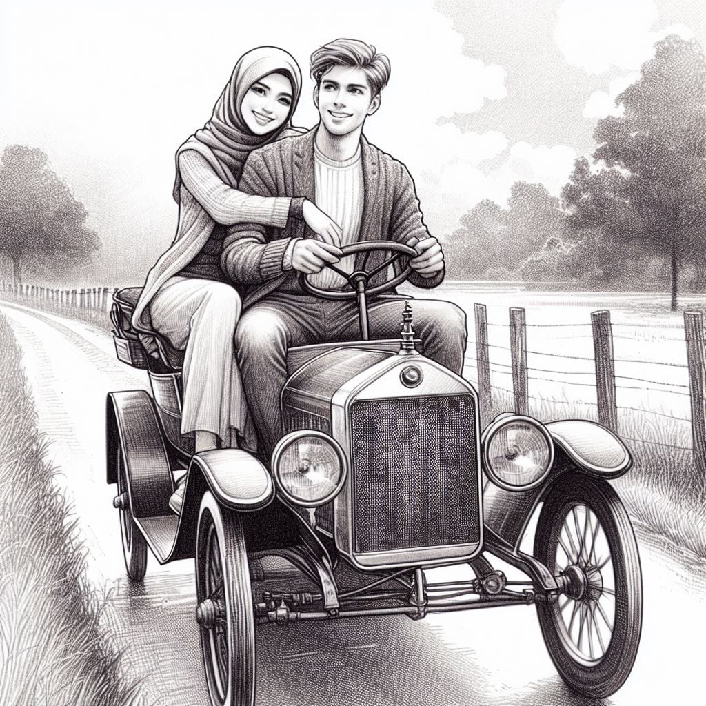 1299. PROMPT:
 A young couple riding an antique car together, the young man driv...