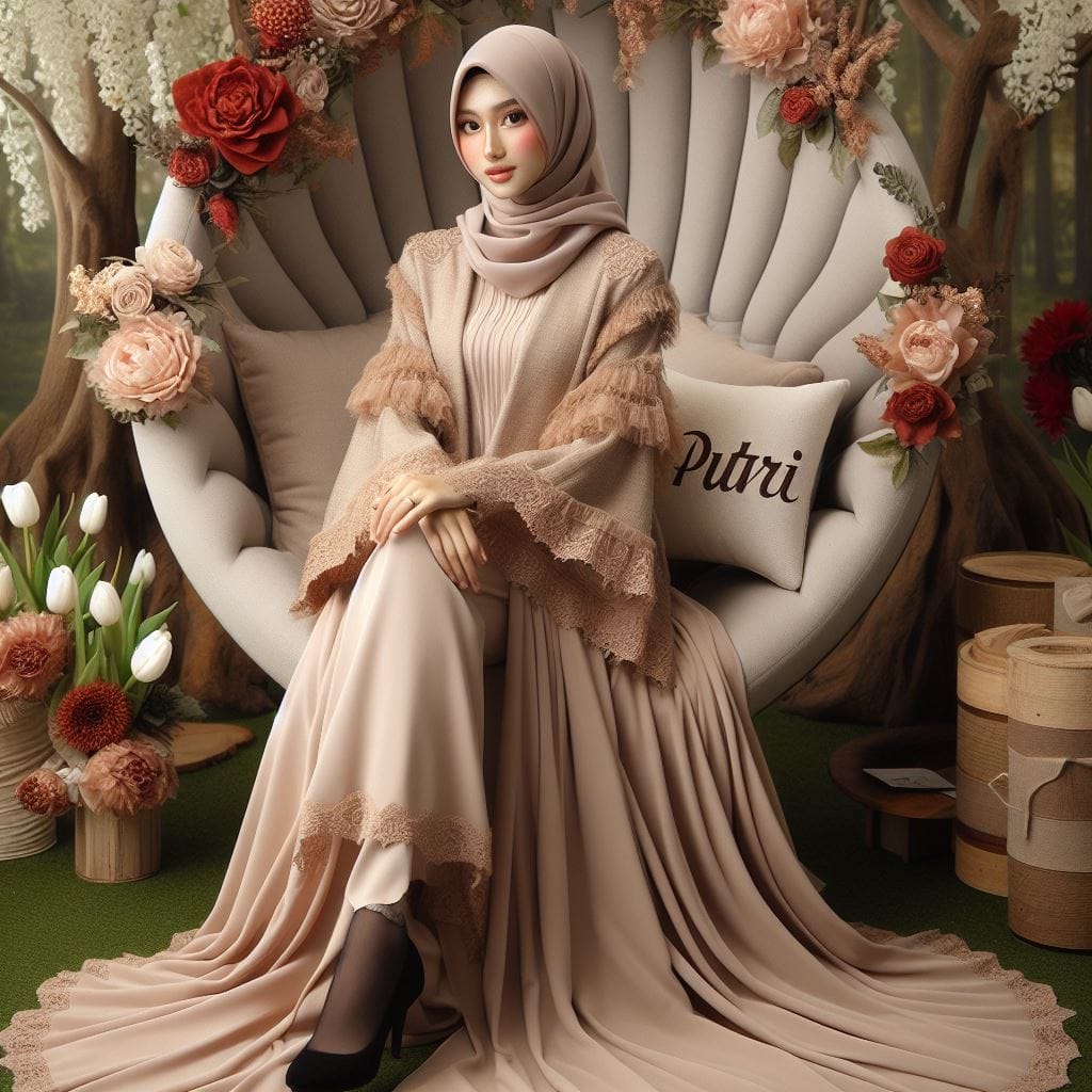 1306. PROMPT:

An 18-year-old Indonesian woman wearing a long beige outer dress ...