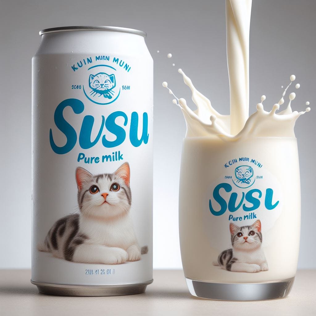 1307. PROMPT:
 The white pure milk drink can has a picture of milk and a cat and…
