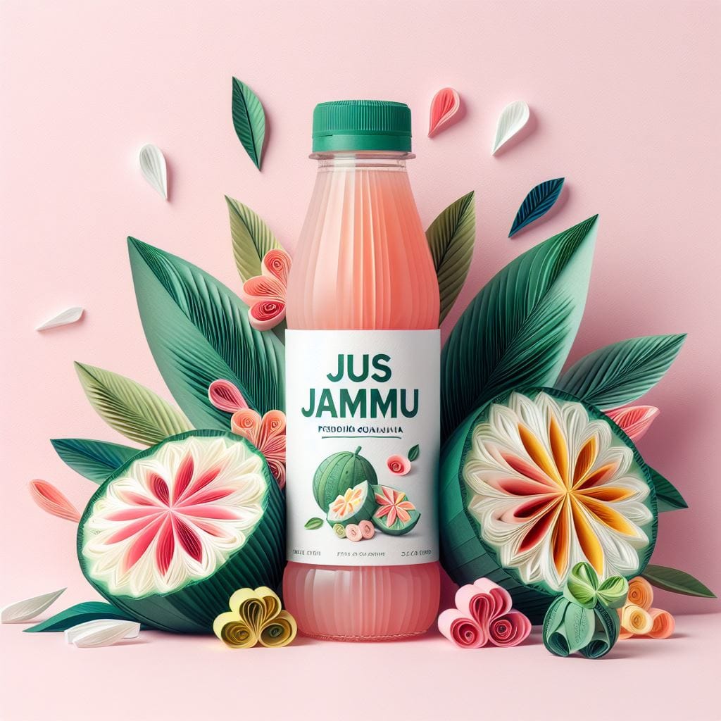 1331. PROMPT:
 A product photo of a juice bottle label name “JUS JAMBU” surround…