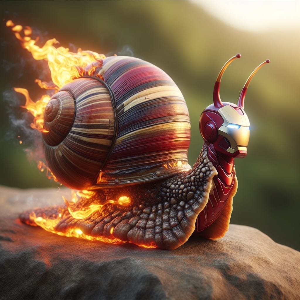 1334. PROMPT:
 create image A 3D rendered ironman suit on snail hybrid with intr...