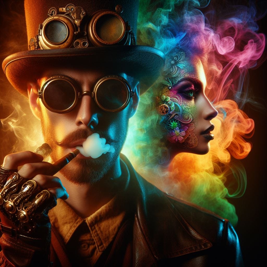 1339. PROMPT:
 Steampunk man smoking a joint and the Multi color smoke make a be…