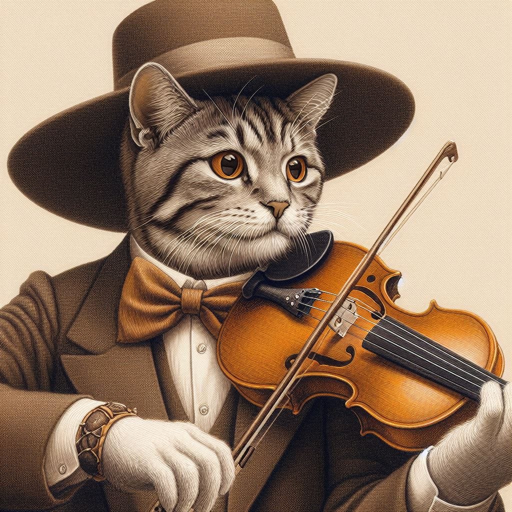 1340. PROMPT:
 A cats wearing musician, playing violin A plucked string instrume…