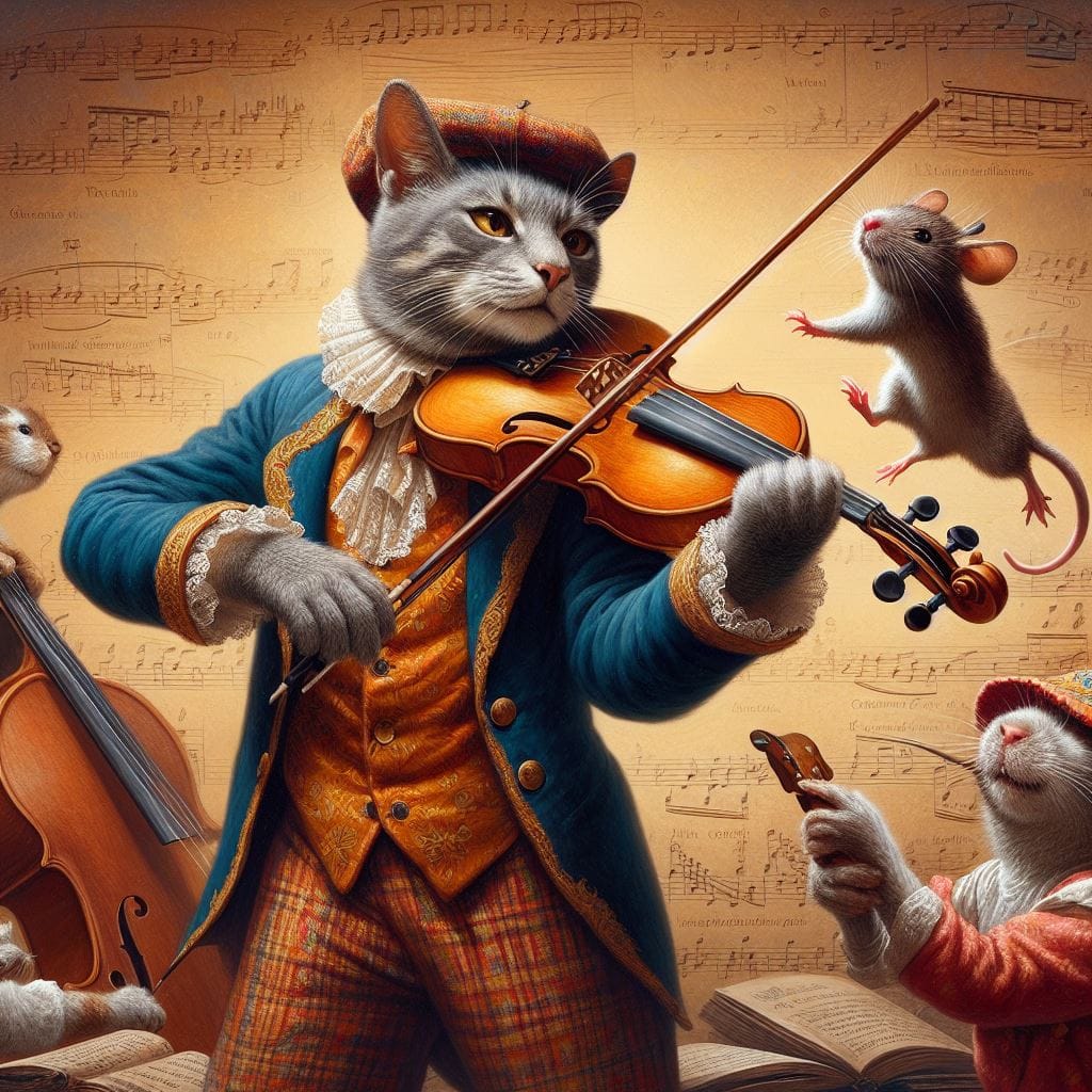 1344. PROMPT:
 musical scene a cat wearing musician 1950, playing violin, a Mous…