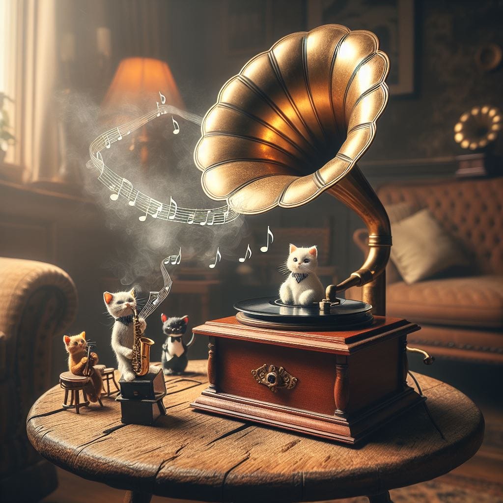 1345. PROMPT:
 a gramophone ontop of a small rustic table in a 1920s style livin…