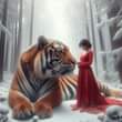 1348. PROMPT:
 indonesian girl in red dress next to a huge bengal tiger in a ver…