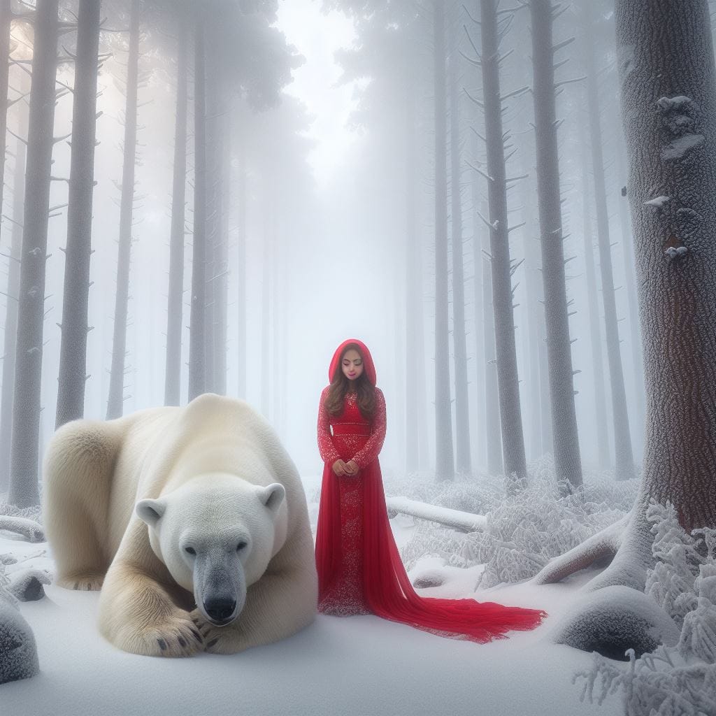 1349. PROMPT:
 indonesian girl in red dress next to a huge polar bear in a very …