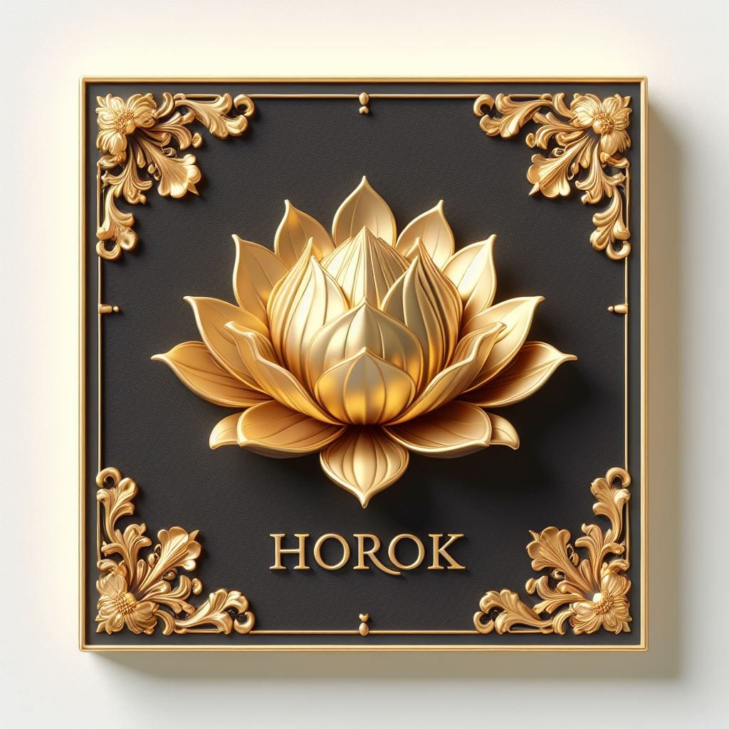 137. PROMPT:
 3D lotus flower in bloom in gold color, on a square black plaque w...