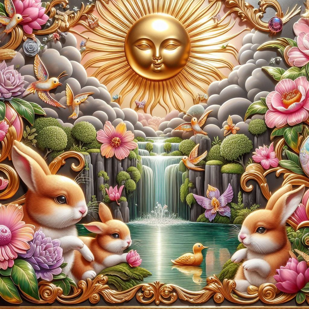 1380. PROMPT:
 shiny lacquered painting of a unique wall mural of sun over garde…