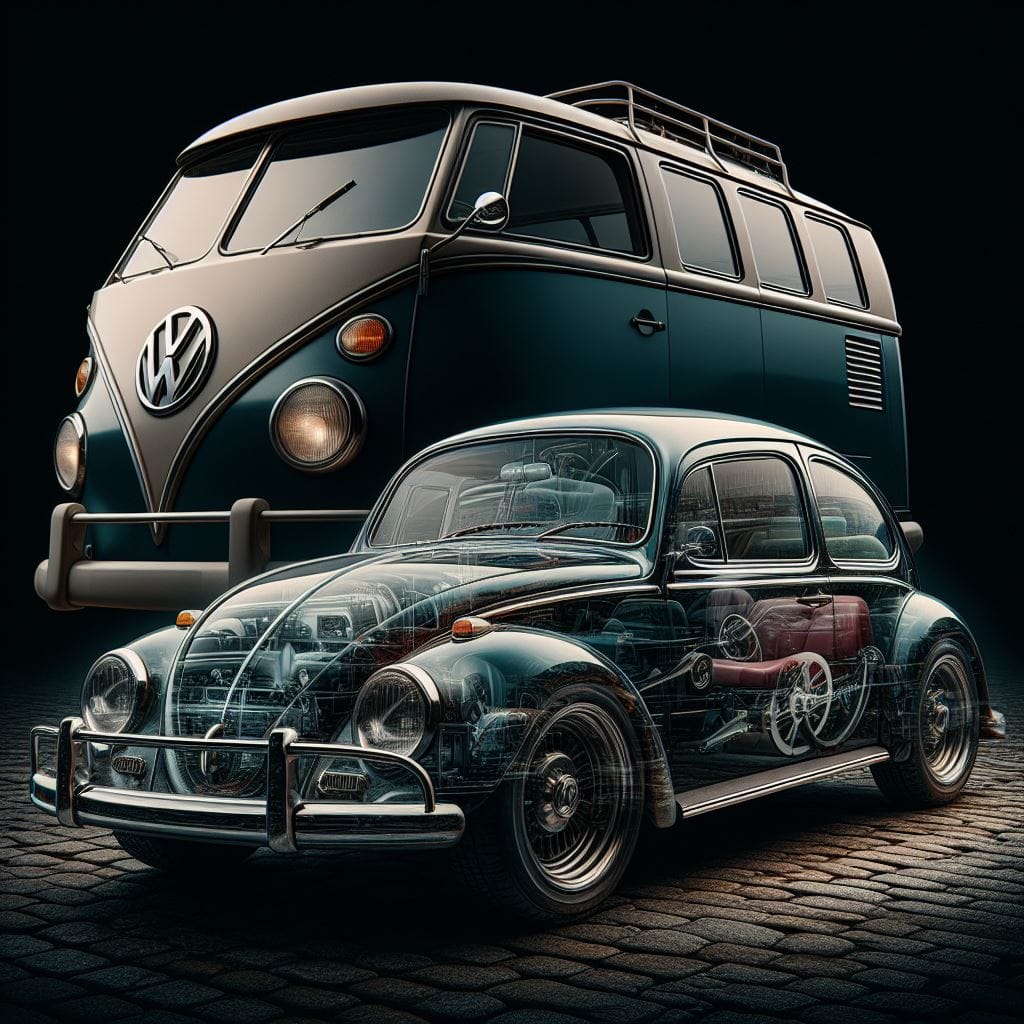 1385. PROMPT:
 A Double exposure effect of a VW Beetle and a VW Van. Both vehicl…