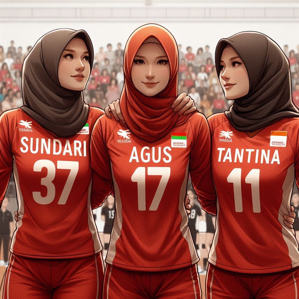 1391. PROMPT:

Three volleyball players hijab girl in red long dress jerseys wit...