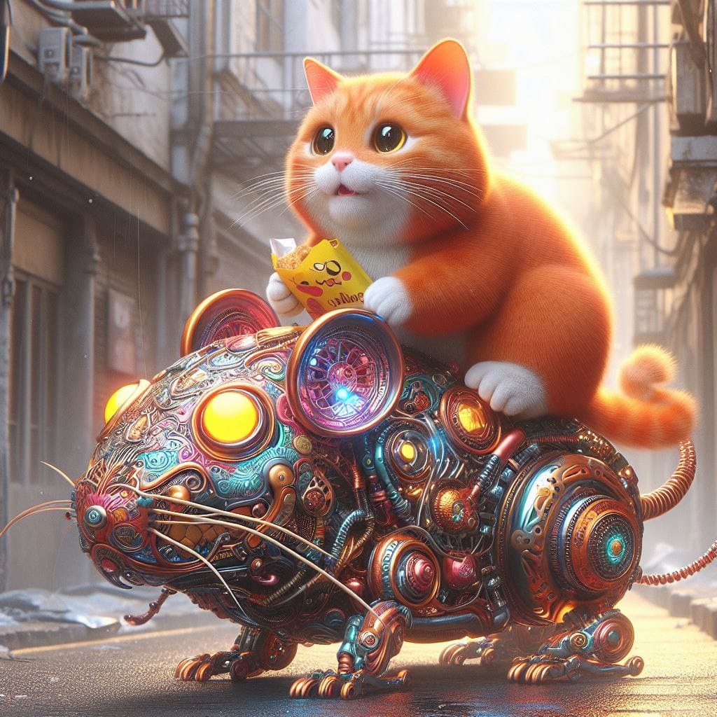 1406. PROMPT:
 kucing oren sedang duduk mengendarai sebuah cyborg tikus yang san...