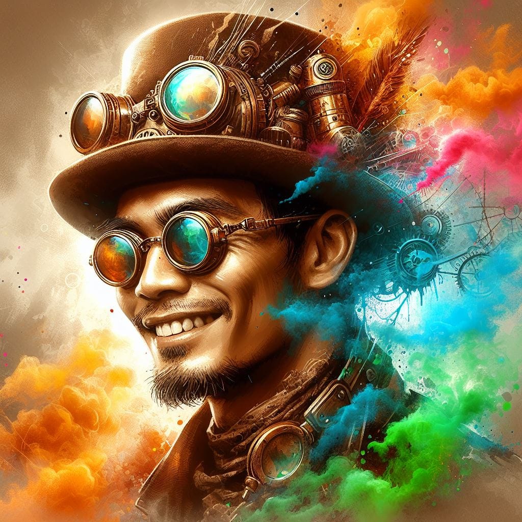 141. PROMPT:
 airbrush acrylic paint.digital picture.steampunk Indonesian man, w...