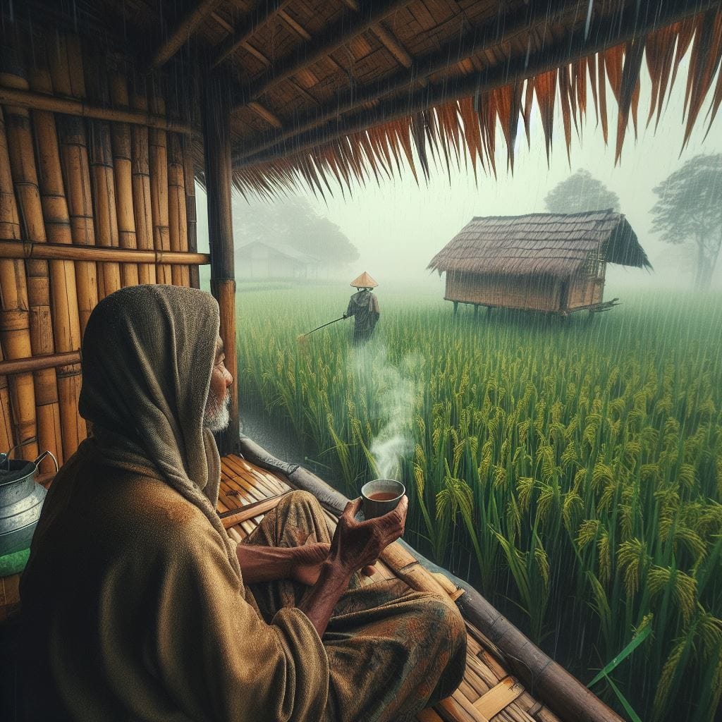 1411. PROMPT:
 seorang petani indonesia berteduh dari hujan di gubuk bambu sambi…