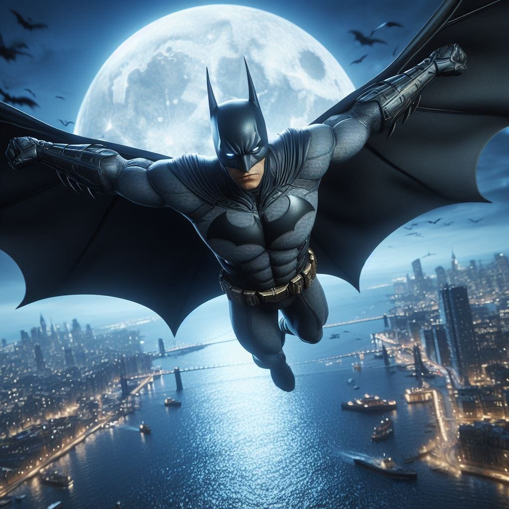 1413. PROMPT:
 A realistic photograph of Batman landing to camera while spreadin…