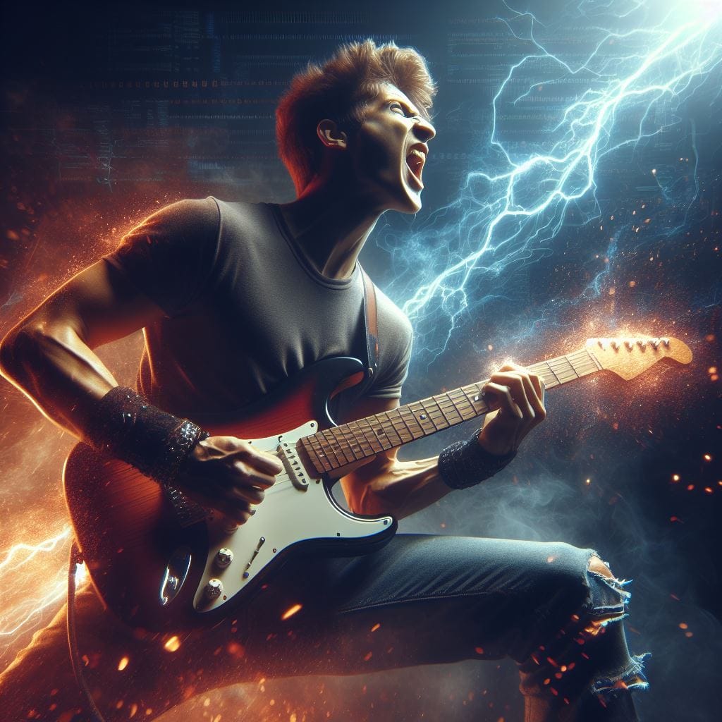 1427. PROMPT:
 a young man is playing an electric guitar, epic artwork, war cry,...