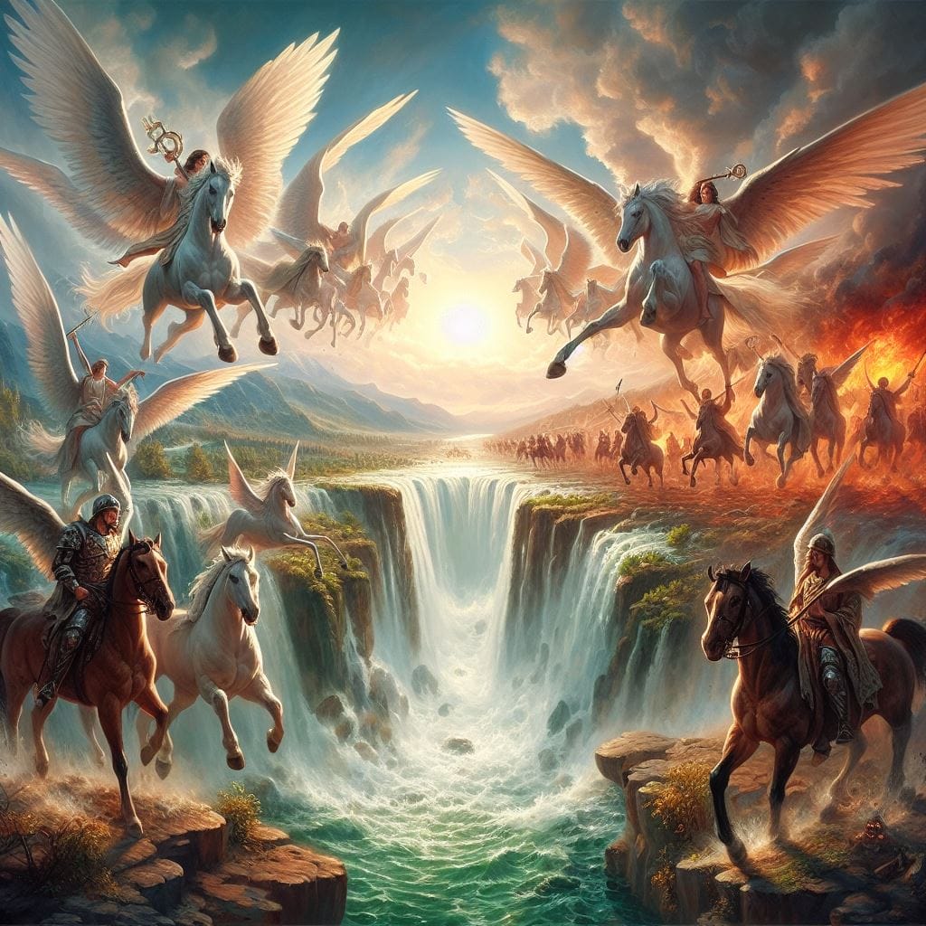 1429. PROMPT:
 a painting of angels flying over a waterfall, horsemen of the apo...