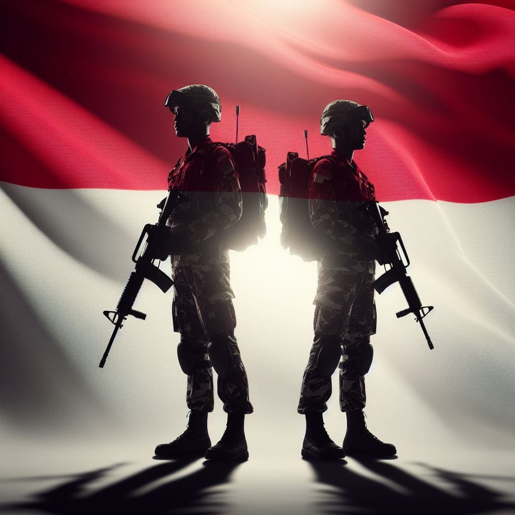 143. PROMPT:
 Full body side silhouette of an indonesia-soldier with double expo...