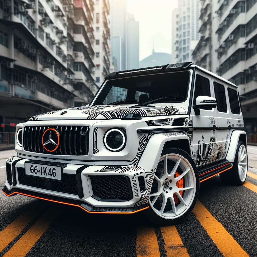 1430. PROMPT:
 BENZ G63 AMG, white body, black and orange and blue lines, white ...