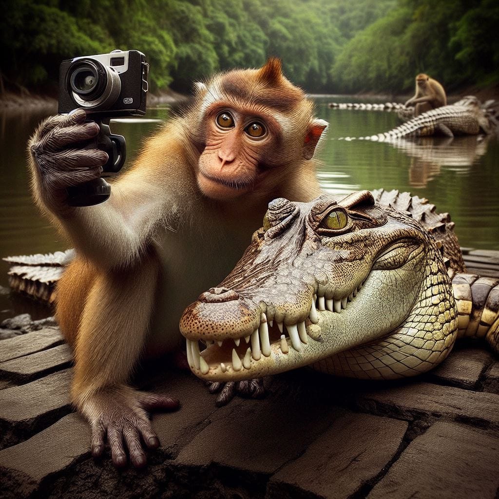 1442. PROMPT:
 ***(monkey and crocodile) on the (shore of a pond), Flickr, Sumat...